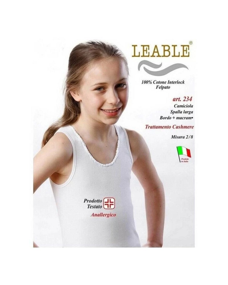 3 Canotta Bambina Leable Art. 234/235 Spalla Larga in Caldo Cotone con Macramè – Bianco